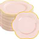 Liacere 100PCS Pink Plastic Plates - Plastic Dinner Plates - Floral Disposable 10inch Heavy Duty Pink and Gold Dinner Plates, Perfect for Wedding & Party & Mothers Day