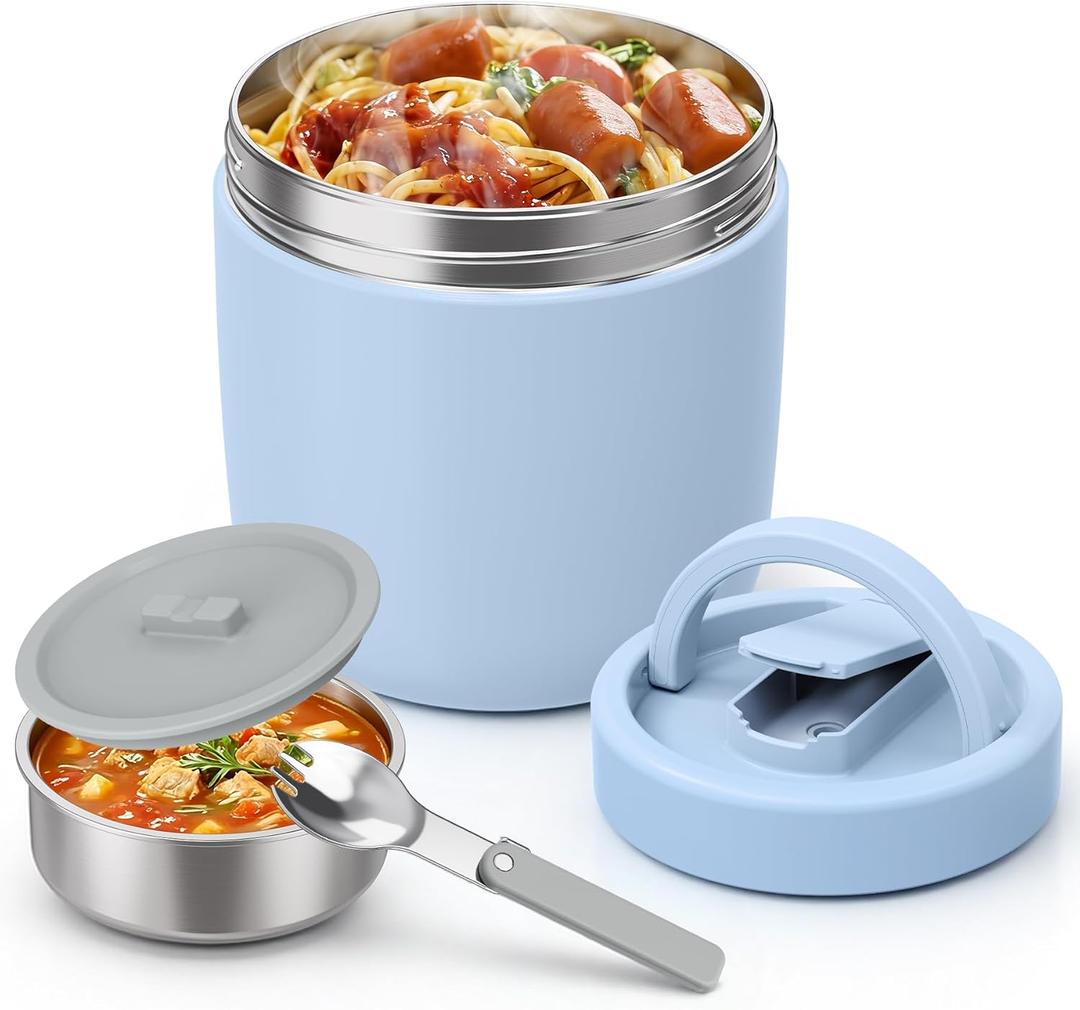 Thermo for Hot Food Adults, 40.5oz Wide Mouth Soup Thermo Lunch Containers with Spoon, Stainless Steel Vacuum Insulated Bento Lunch Box,Lunch Containers with Handle(Blue)