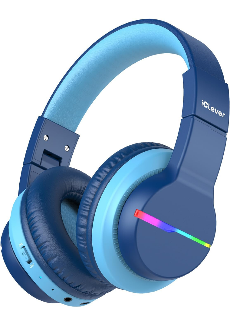 iClever BTH12 Kids Bluetooth Headphones,Colorful LED Lights Kids Headphones Wireless,74/85dBA Safe Volume,85H Playtime,Fast Charging,Bluetooth 5.2,Over Ear,Built-in Mic for iPad/Tablet/Airplane,Blue