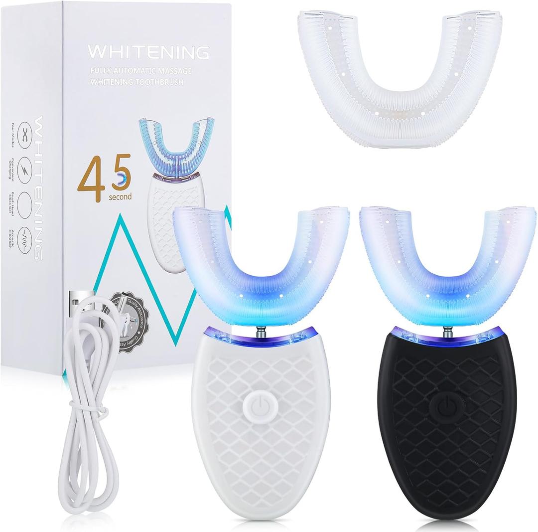 2 Pieces Ultrasonic Electric Toothbrush Adults U Shaped Automatic Toothbrushes for Teeth Whitening, 3 Brush Heads, Whole Mouth 360 Degree Cleaning Hands Rechargeable IPX7 Waterproof (No Base)