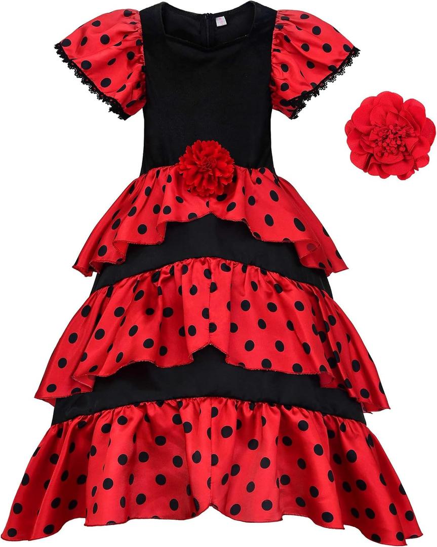 ReliBeauty Girls Flamenco Costume Spanish Dancer Skirt Kids Halloween Fancy Dress with Red Flower (5/120)