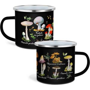 Cunhill 2 Pieces Mushroom Enamel Mug Set Kawaii Mushroom Coffee Cup Thank You Gift Enamel Camp Mug Cute Decor Tin Tumbler Travel Spring Hiking Walking Camping (Black)