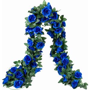 2 Pack (16FT) Artificial Rose Vine Fake Flowers Garland Hanging Silk Rose Ivy Plants Vine for Father's Day,Wedding Arch Party Garden Home Aesthetic Art Dcor (Royal Blue)