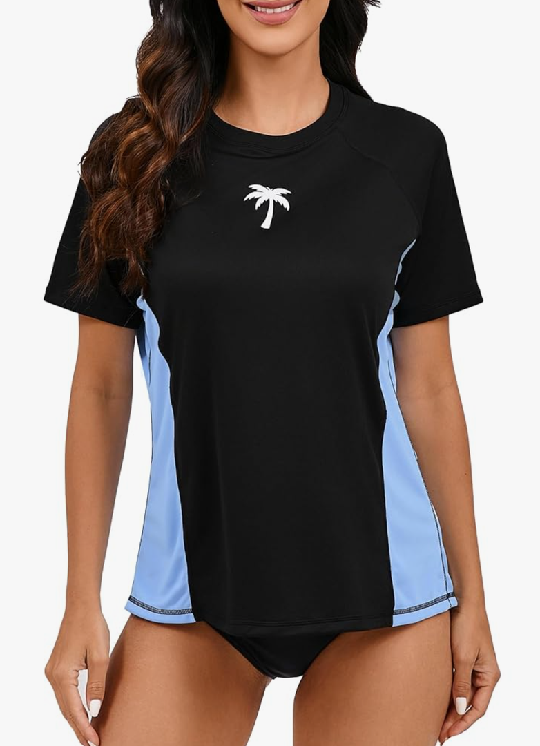 Halcurt Women's Short Sleeve Rash Guard with Built in Bra Swim Shirt UPF50+ Quick Dry Lightweight Swimsuit Top, Size -Large