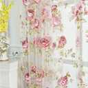 Rod Pocket Top Rose Floral Sheer Voile Curtain, Pink Flower Tulle Transparent Window Treatment for Living Room Bedroom Glass Door, 54 by 96 Inch Each, 1 Set of 2 Panels