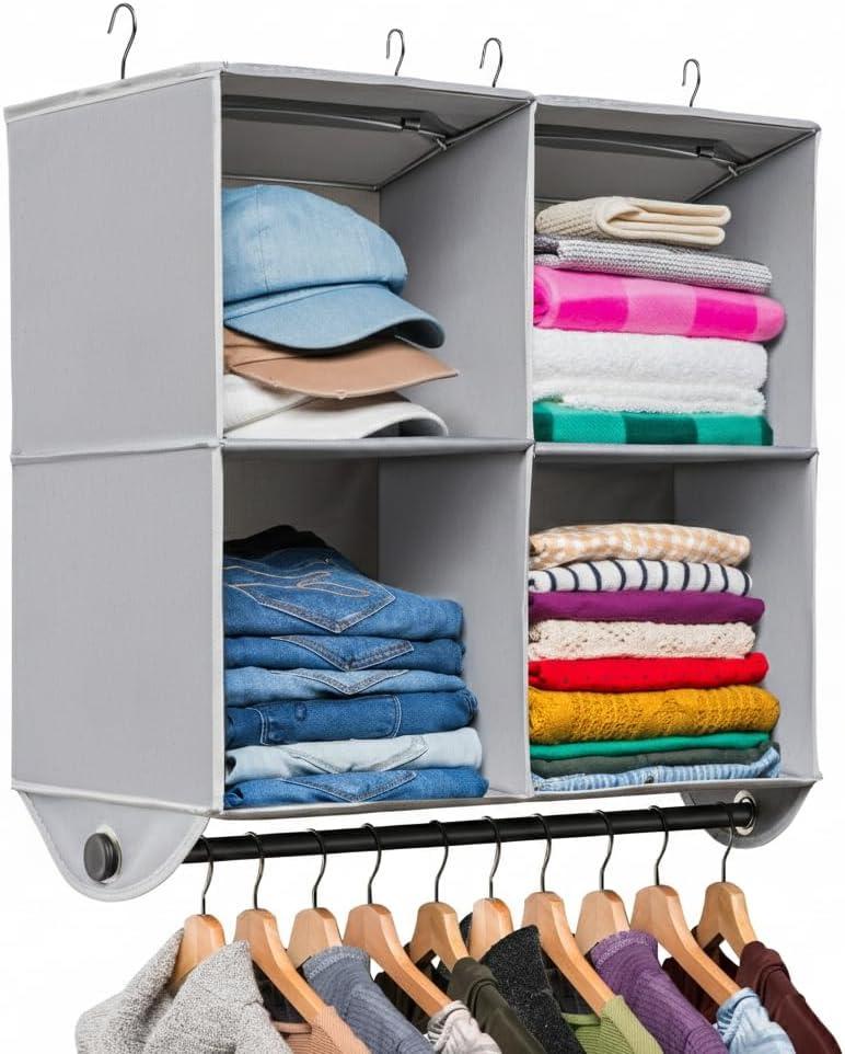 HOLDN STORAGE Hanging Closet Organizer with Garment Rod  Heavy Duty 4-Shelf Hanging Shelves for Clothes, Sweaters & Shoes, Reinforced 600D Fabric Storage Unit with Built-in Clothing Rod, Grey