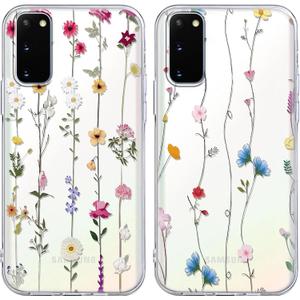 2 Pack Flowers Print for Samsung Galaxy S20/S11e 6,2" Case, Cute Floral Pattern Design Funda Aesthetic Theme Clear Phone Cases Protective Bumper Women Men Girly Transparent Back Cover,2