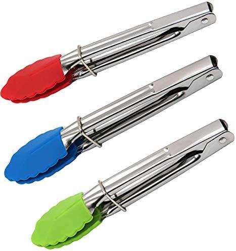 Premium Kitchen Tongs with Silicone Tip, Mini Metal Cooking Tongs, Non-Stick, Stainless Steel, Heat Resistant Locking Tongs for Cooking, Barbecue, Salad, Grilling, Frying (3pcs) (Multicolor)