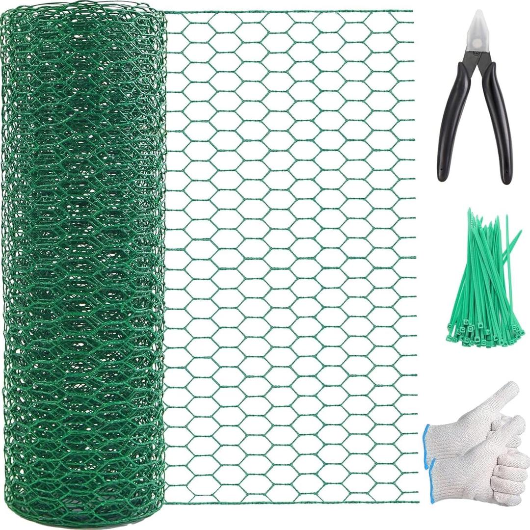 Chicken Wire 15.7in x 118in with a Pair of Gloves1 Wire Cutter50 Pcs Cable Zip Ties, Floral Chicken Wire Mesh 0.8in Hexagonal Galvanized PVC Coated Garden Netting Fence for Craft Poultry Garden