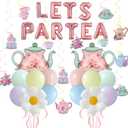 Tea Party Decorations 26Pcs Macaron Balloons with LETS PARTEA Foil Balloon Banner, Teacups andTeapot Hanging Swirls for Floral Spring Birthday Mother's Day Talking Tables Tea Party Supplies