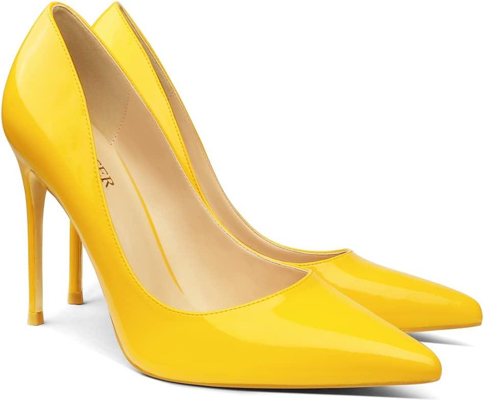 COLETER Women's 4 Inch Pumps Pointy Toe Wedding Dress Shoes Slip on Stiletto Pumps Patent Yellow 9US