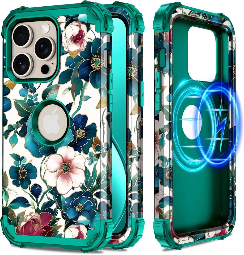 Hekodonk for iPhone 15 Pro Max Case Magnetic,[Compatible with MagSafe] Floral Three Layer Heavy Duty Drop Shockproof Full Protective Women Girls Case for Apple iPhone 15 Pro Max 6.7 inch,Green