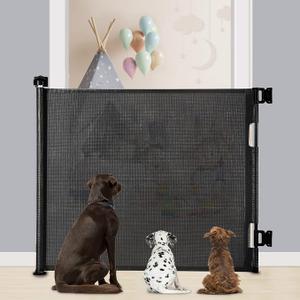 Retractable Baby Gate for Stairs & Doorways, 33" Tall Extends to 55" Wide Extra Wide Safety Kid Pet Gate, Mesh Dog Gate for Indoor, Outdoor, Hallways One-Handed Operation, Easy Install (33”x55”- Black)