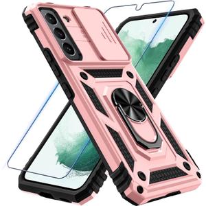 Compatible with Samsung Galaxy S22 Case with Screen Protector[Not for S22+],Heavy Duty Shockproof Full Body Phone Cover Built in Slide Camera Lens Cover+Ring Holder,2022 Rose Gold