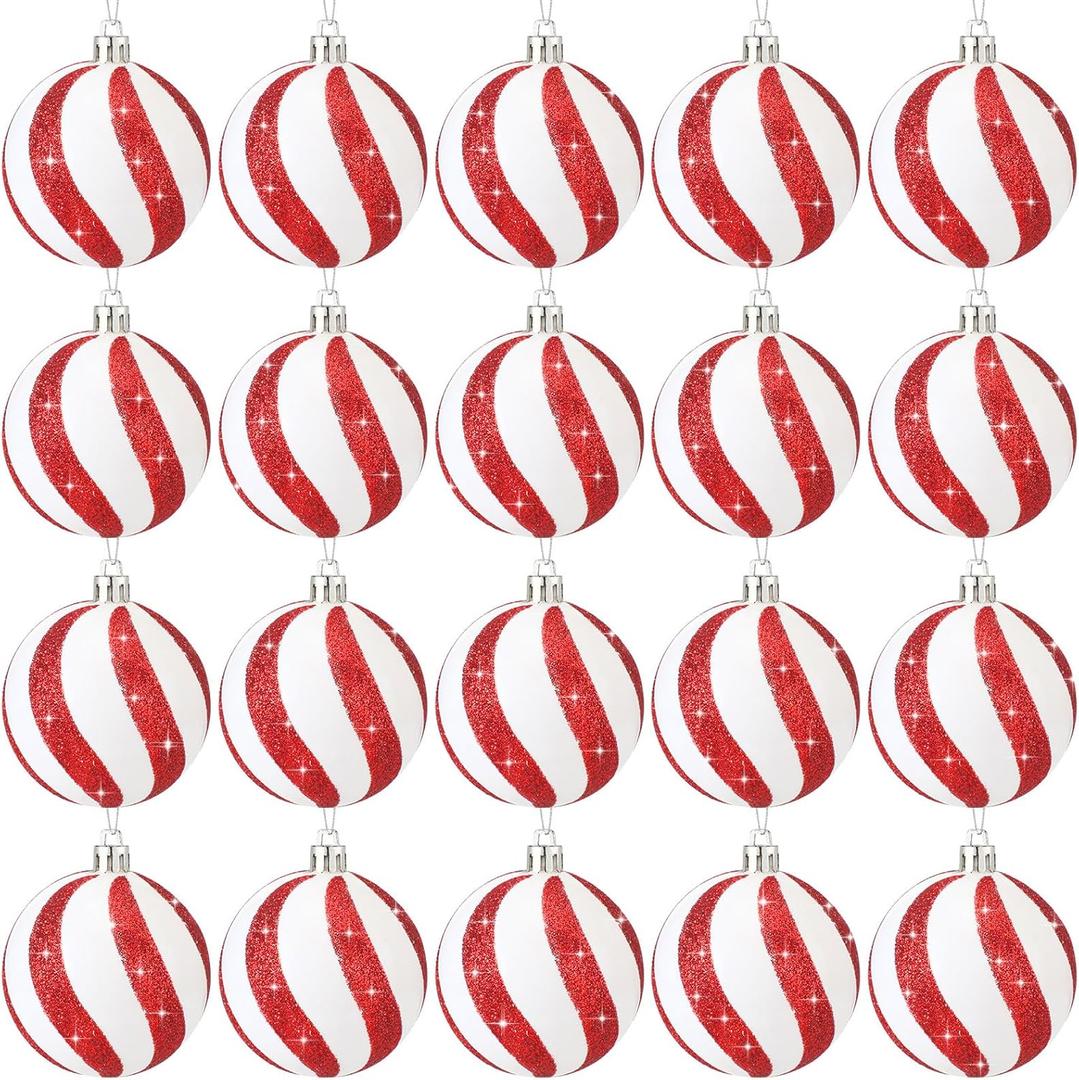 Jenaai 20 Pieces 2.36 Inch Christmas Balls Hanging Ornaments - Red and White Peppermint Plastic Tree Pendants for Xmas Decorations