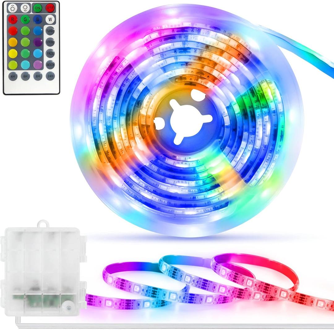 Battery Powered LED Strip Lights RGB, 60 LED 5050 Color Changing TV Backlights with 28-Key Remote Control, Cuttable Outdoor Strip Lights 6.6 Ft Self-adhesive DIY Lights for Skateboard Bedroom Decor