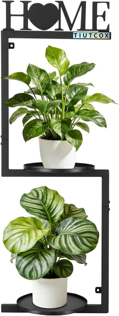 Wall Plant Holder Metal, Plant Frames Wall Decor, Wall Plant Stands for Indoor&Outdoor with Letters HOME Decor, 2 Round Flower Pot Trays, 12*7.87*34.33 Inch, Black