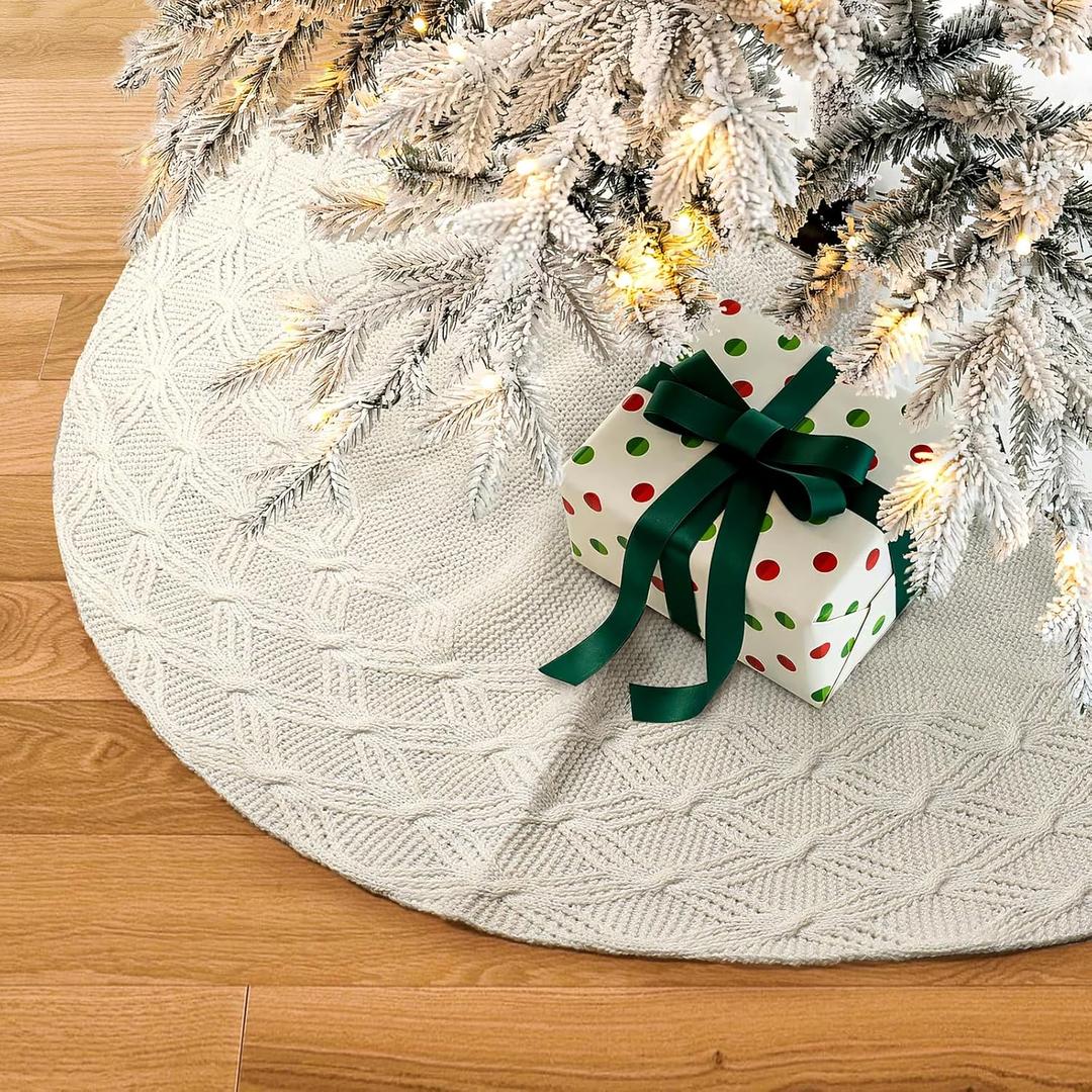 S-DEAL Knitted Christmas Tree Skirt, White 24 Inches Thick Rustic Small Tree Skirt for Xmas Decoration