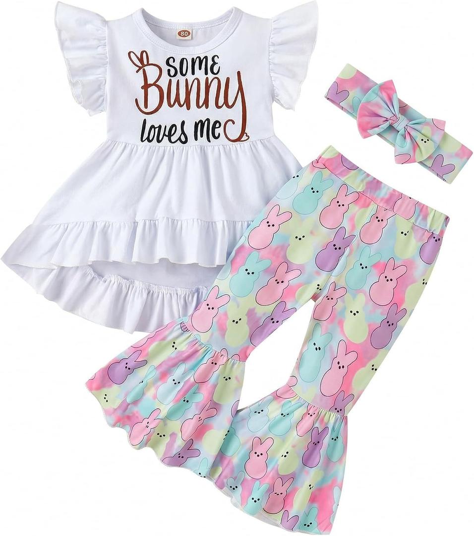 Noubeau Toddler Baby Girl Easter Outfits Ruffle Letter Rabbit Print Dress Shirt Top Leopard Bell-Bottom Flare Pant Headband (White), Size 9-12M