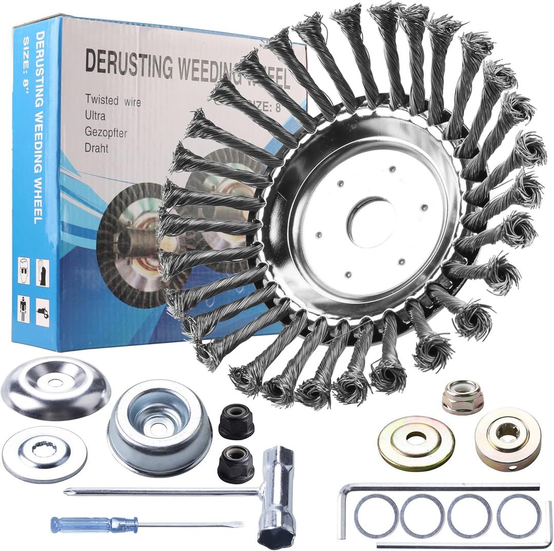 8 Inch Steel Wire Rotary Brush Cutter Trimmer Head Sets Weeds Blade Cutter with Universal Adapter Kit Compatible with String Trimmers, Moss Grass Rust Removal, Gardening Lawnmower