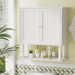 AmazerBath Bathroom Wall Cabinets, Bamboo Over The Toilet Storage Cabinet with Adjustable Shelves, Large Wall Mounted Medicine Cabinets with 2 Doors for Small Spaces, White, 9x21.3X 23.8 Inches