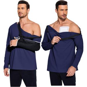 Deyeek Post Shoulder Surgery Recovery Shirts for Men Chemo Port Access Top Snap Full Tear Away Long Sleeve (Small, Navy)