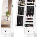 Nicetree LED Jewelry Cabinet Armoire with 2 Drawers, Lockable Standing Mirror Jewelry Cabinet, Full Length Mirror with Jewelry Storage, Christmas Gifts, White