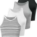 Kole Meego Crop Tops For Women Workout Cropped Tank Top High Neck Camisole Yoga Shirts Athletic Undershirts 4 Pack (Small, Black/White/Grey/Striped)