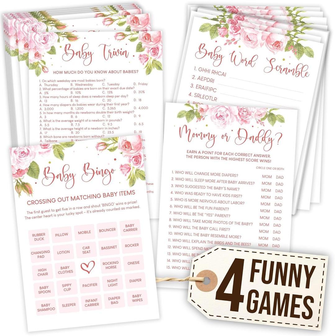 WOODAMORE Funny Baby Shower Games for Girl - Baby Shower Bingo Game Girl, Babies Showers Word Scramble, Floral Babies Showers Activities for 25 Guests, Trivia Mommy Or Daddy Game for Decor