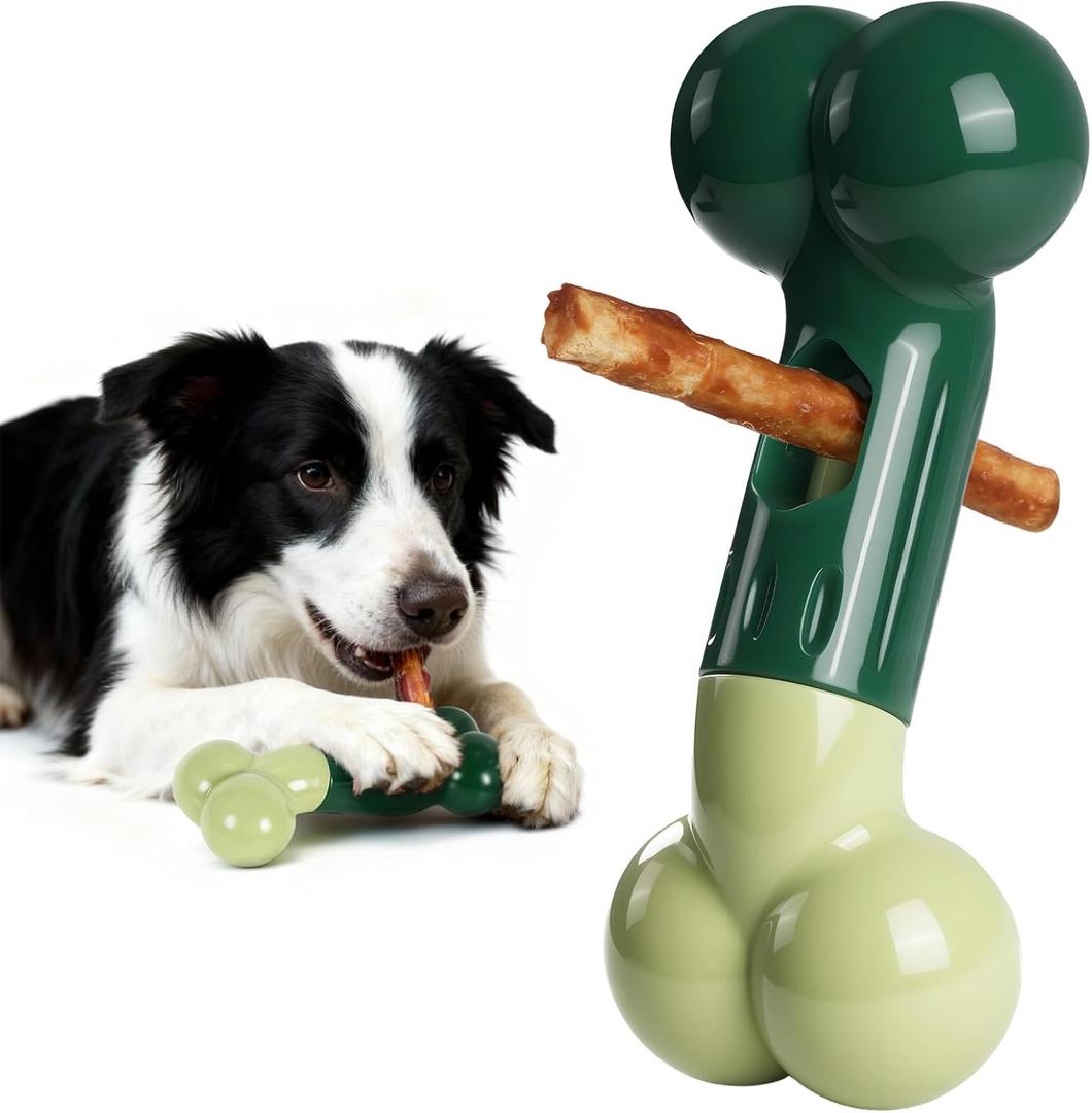Apasiri Bully Stick Holder for Aggressive Chewers: Indestructible Dog Toy Prevents Choking No More Swallowed Ends, Bacon Flavored Nylon Tough Chew Toy to Keep Them Busy Medium/Large Dogs, Green