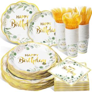Pickmesh 400 Pcs Sage Green Birthday Plates and Napkins Set, Paper Plates and Cups with Plastic Cutlery, Disposable Tableware for Birthday Party and Celebrations