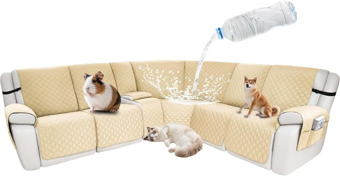 Waterproof Sectional Reclining Couch Covers L Shaped Recliner Sectional Sofa Cover 8 Piece Non Slip Washable Corner Recliner Slipcover Set for Pet Dog (5 Seater 1 Console Cover, Beige)