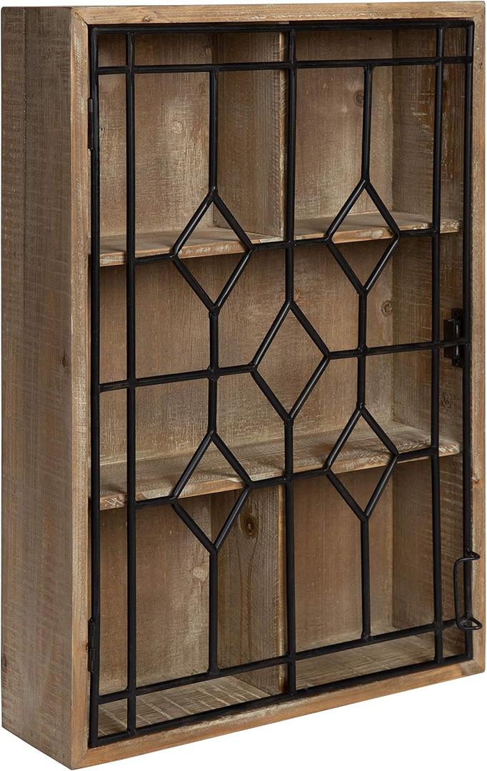Kate and Laurel Megara Decorative Wooden Wall Hanging Curio Cabinet for Open Storage with Decorative Black Iron Door, Rustic Brown (16x24)