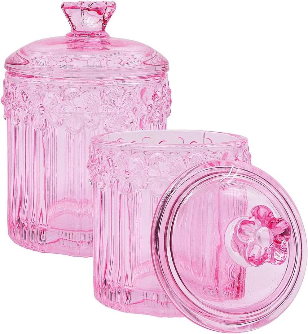 2 Pack Qtip Holder Glass Apothecary Jars with Lids Set, Crystal Q-tip Canister Jar Bathroom Vanity Organizer for Cotton Ball, Cotton Swab, Floss, Candy - Clear (Pink)