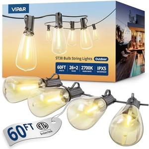 VIPAR Outdoor String Lights 60FT LED Patio Lights LED Waterproof with 26+2 Shatterproof ST38 Edison Bulbs, 2700K Connectable Outside Hanging Light for Porch, Garden, Backyard, Deck, Balcony, Decor