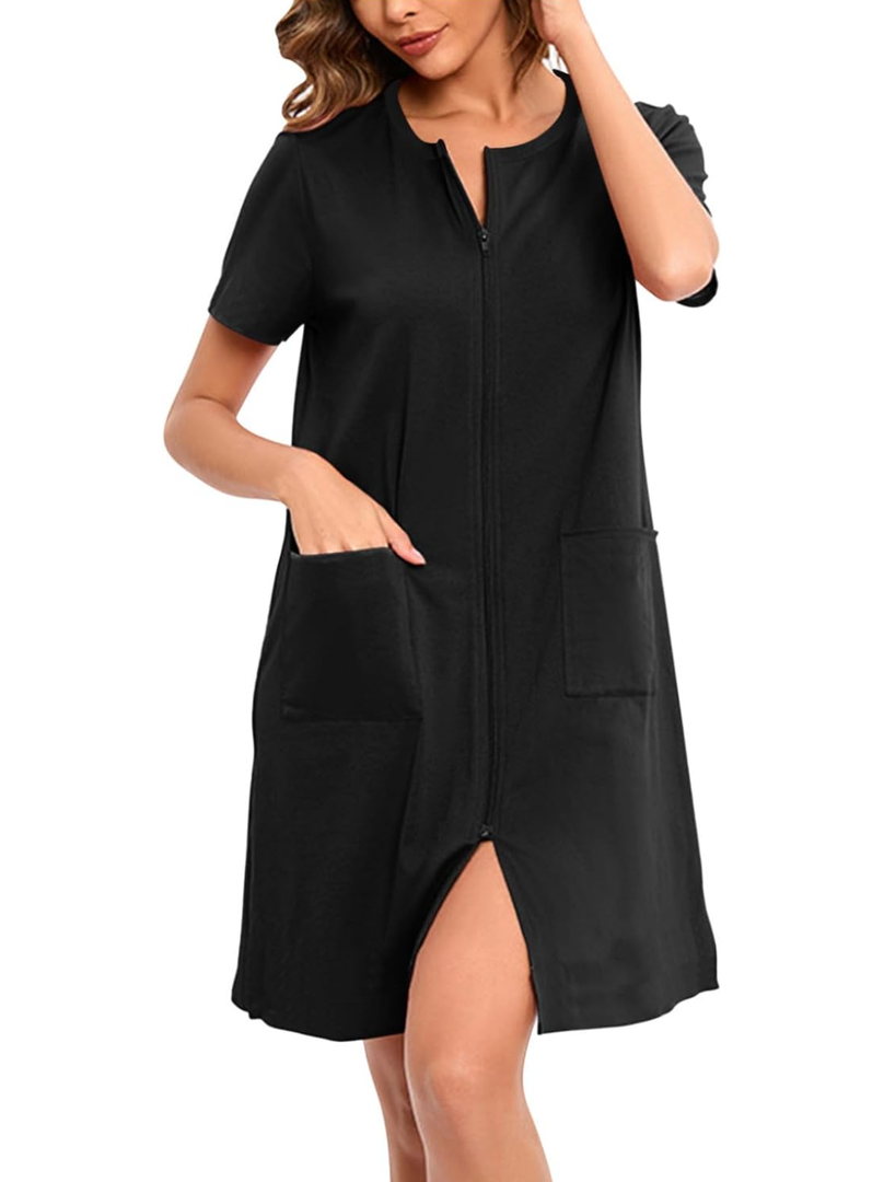 Women Zip Front Robe Short Bathrobe Short Sleeve House Coat with Pockets Soft Nightgown Loungewear Sleep Dress, S