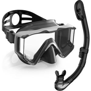 Greatever Snorkel Set Pano 3 Window Snorkel Mask Adult, Panoramic Wide View, Anti-Fog Scuba Diving Mask, Anti-Leak Snorkel Goggles Dry Top Snorkel, Professional Snorkeling Gear for Adults (Black Silver)