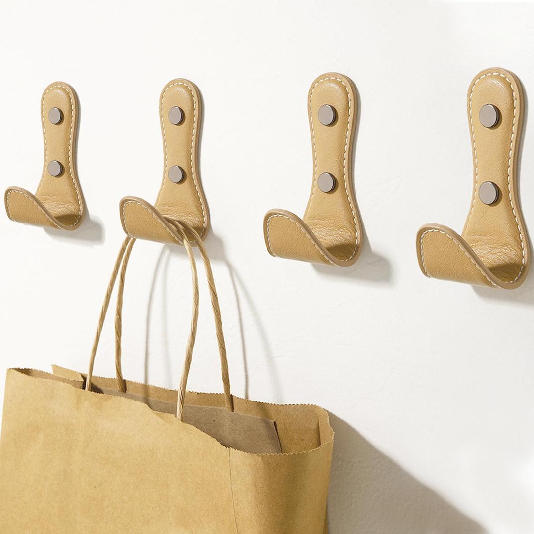 4PCS Coat Hooks Wall, Leather Coat Hook Zinc Alloy Structure Leather Wrap, Leather Hooks for Bedrooms, Mudroom, Entryway (Khaki)