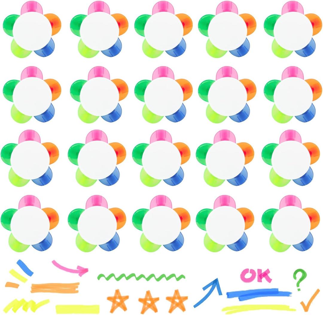 20 PCS Petals Highlighters Bulk, 5-in-1 Multi-Color Flower Shape Fluorescent Highlighter Pens for Students & Teachers, Classroom & Office, School Stationery Aesthetic Supplies