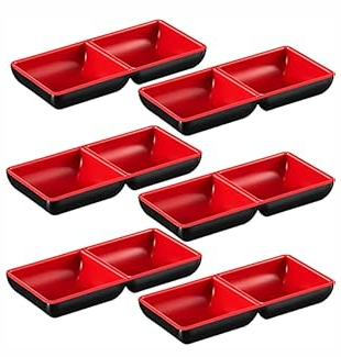  6 Pieces Dual Dipping Bowls 10 oz Dipping Dish Dipping Sauce Cups Two Compartments Plate Dual Divided Bowl Plates Appetizer Serving Tray for Restaurant, Soy Sauce, Ketchup, BBQ Sauce
