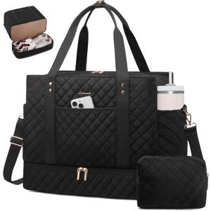 LOVEVOOK Large Travel Duffle Bag for Women, 45L Weekender Bags with Shoe Compartment & Wet Pocket, Quilted Carry On Personal Item Bag, Overnight Hospital Bags for Labor Delivery Black