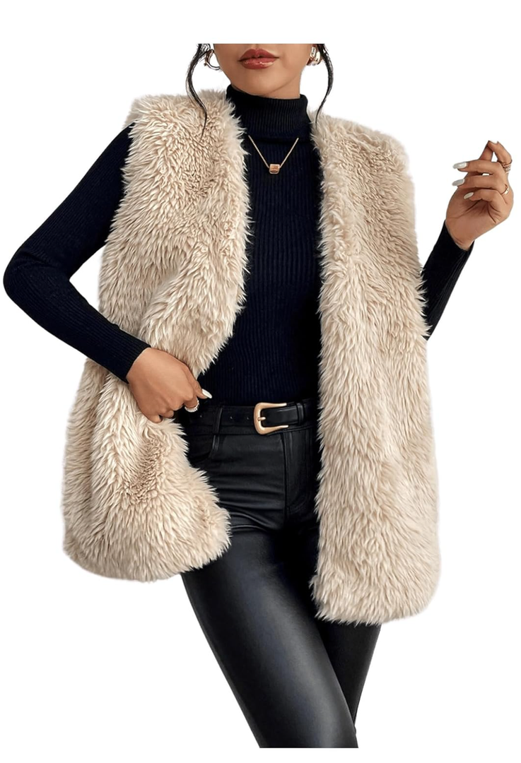 Verdusa Women's Fuzzy Faux Fur Sleeveless Vest Teddy Coats Open Front Plush Waistcoat Outerwear, Small, Apricot 