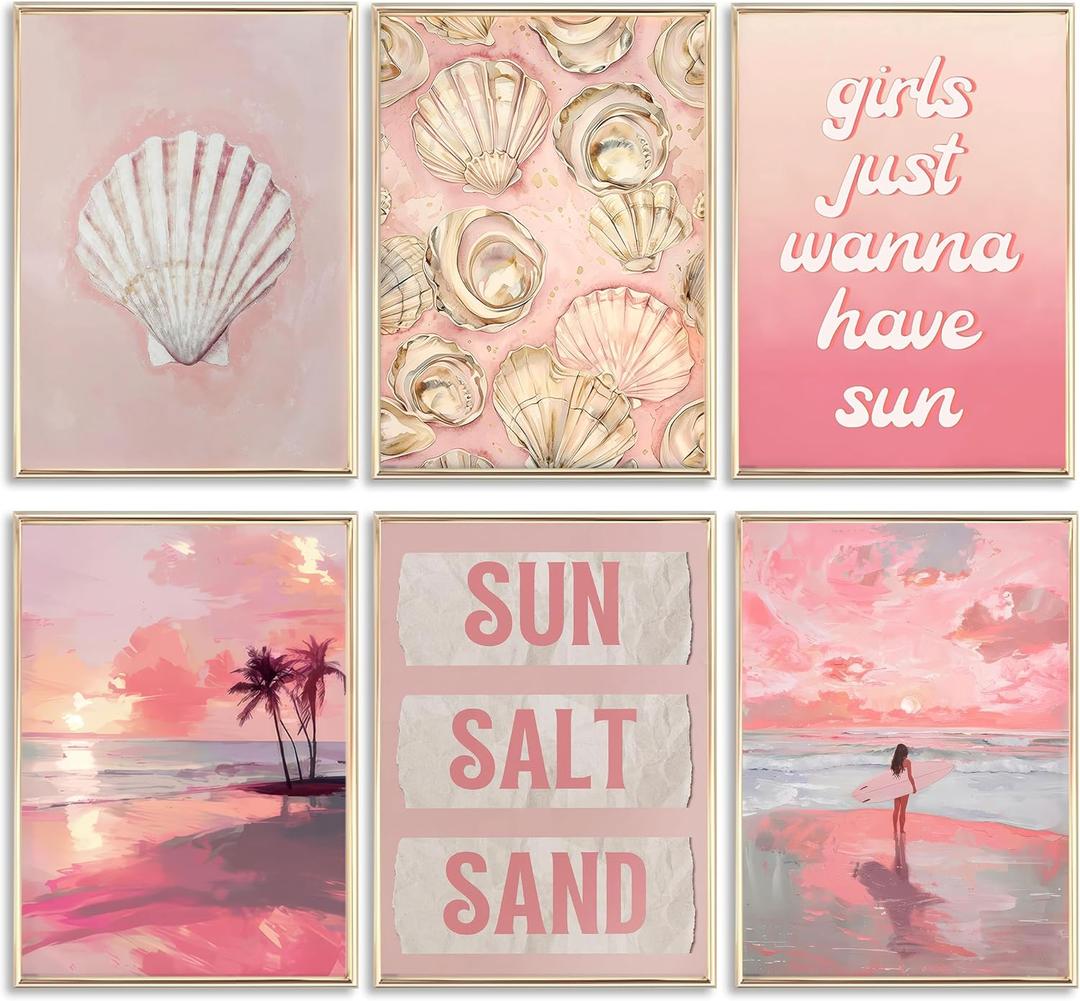 Pink Coastal Preppy Canvas Wall Art Coastal Granddaughter Print Aesthetic Room Painting Shells Oyster Posters Surfer Pictures-Girls Just Wanna Have Sun-Wall Decor for Girls Room Dorm Home Unframed