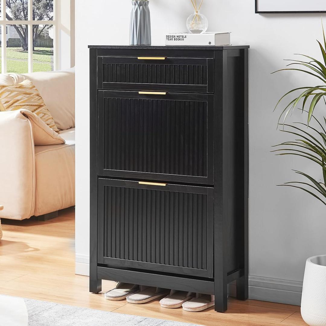 2 Flip Drawers Shoe Cabinet Storage for Entryway, Narrow Hidden Shoes Organizer for Front Door Entrance, Free Standing Shoes Cabinet Wooden Hallway Shoe Rack(Black), Medium