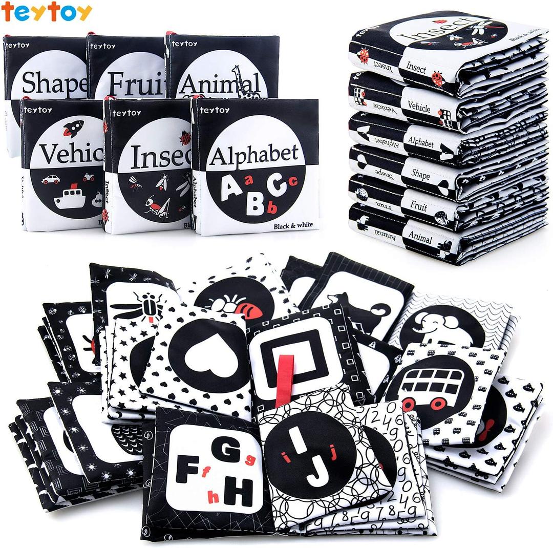 teytoy My First Soft Book, 6 PCS Nontoxic Fabric Cloth Activity Crinkle Black and White Books for Infants Boys and Girls Early Educational Toys Perfect for Baby Shower
