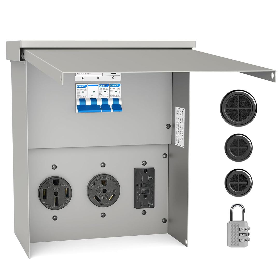 RV Electrical Outlet Panel, Weatherproof Temporary Power Outlet Panel - Prewired & Lockable 20, 30, 50 Amp Receptacle, Electrical Breaker Box Fit for RV Camper Travel Trailer Motorhome RV Electrical Outlet Panel, Weatherproof Temporary Power Outlet Panel - Prewired & Lockable 20, 30, 50 Amp Receptacle, Electrical Breaker Box Fit for RV Camper Travel Trailer Motorhome