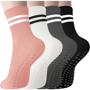 Pilates Socks with Grips for Women Long Non-Slip Yoga Grippy Socks for BarreBalletDance & HospitalAnti-Skid Workou (5.5-10, Black/White/Grey/Pink)