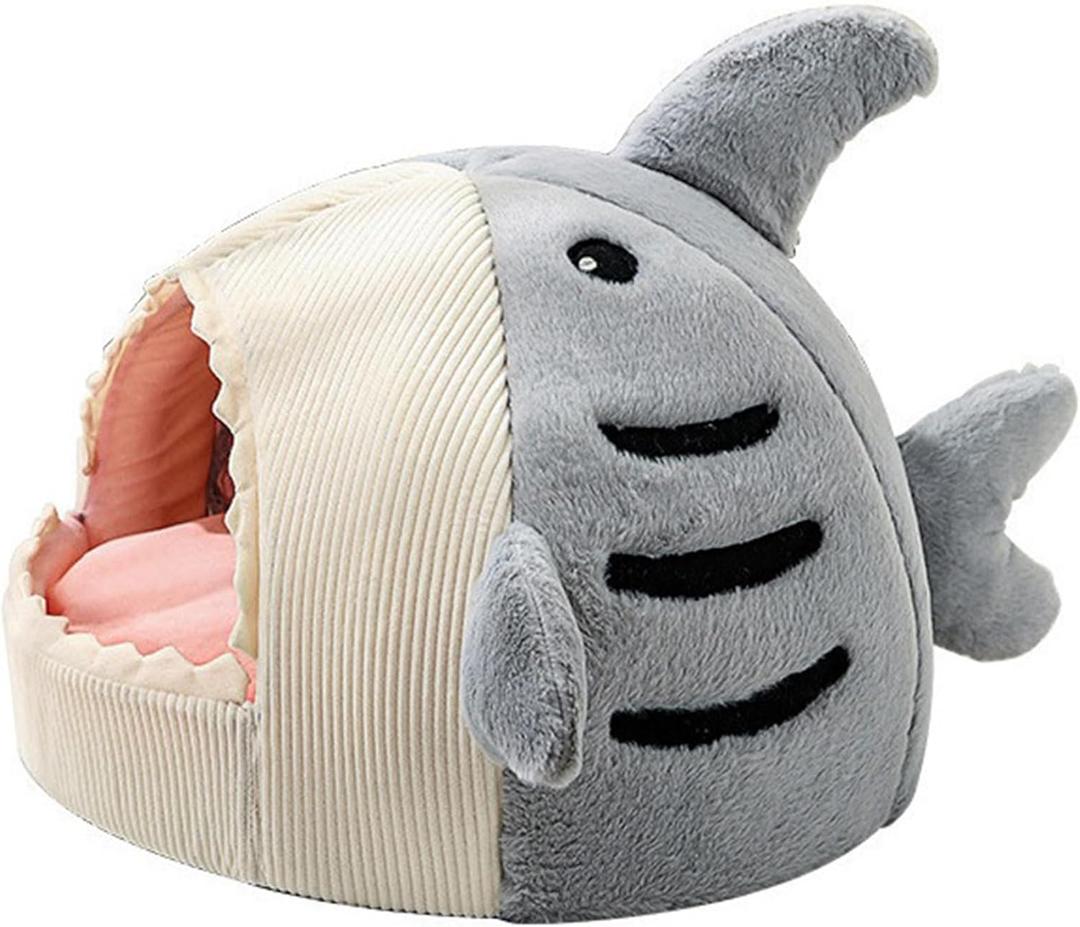 Cat Mat Shark-Shaped Kennel Kitten Bed, Shark Cat Bed Cave, Plush Semi-Enclosed House for Cats & Small Dogs, Cozy Kennel with Removable Cushion, Fun Hideout Bed for Indoor Pets  (Grey)