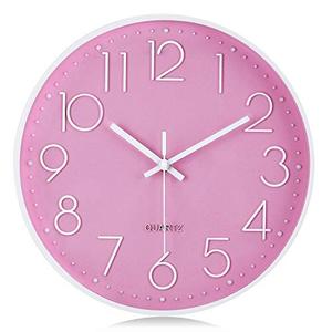 Lafocuse 12 Inch Pink Wall Clock Battery Operated for Kitchen Living Room, Silent Kids Analog Clock for Girls Bedroom, Pink Home Décor