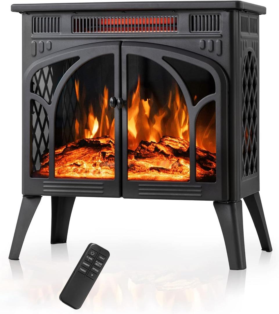 24Inch Electric Fireplace Stove, Free-Standing Infrared Fireplace Stove, Controllable 3D Flame, 4 Variable Flame&Log Colors, 1500w, 5100BTU,TC(50-99),Black,23.5" L X 10.7" W X 24.3" H
